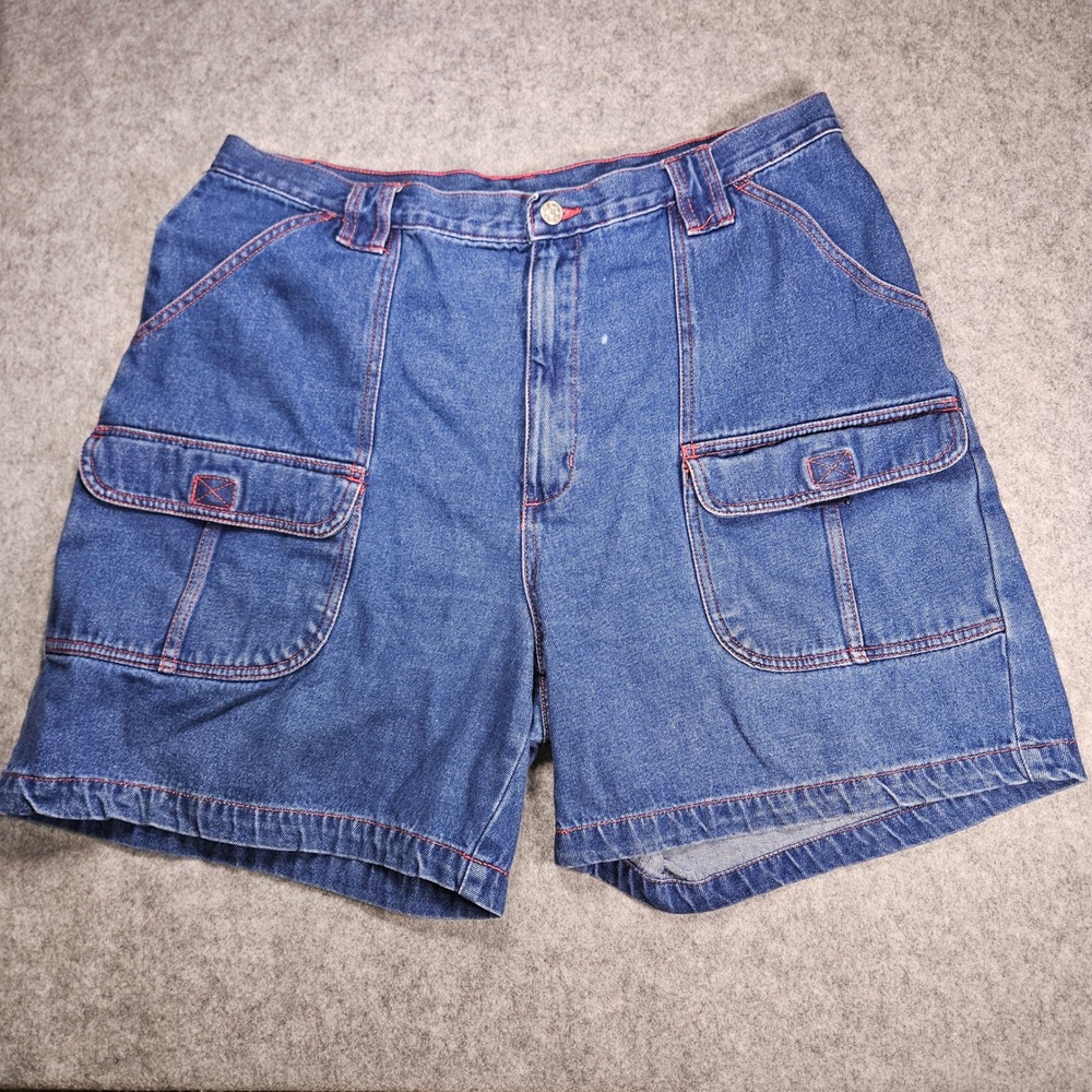 Womens Blue Denim Cargo Shorts Contrast Stitch y2K Casual Gorpcore Sz 20 READ